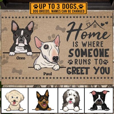 Alternative view of Personalized Dog Breed Home Is Where Someone Runs To Greet You Outdoor Indoor Doormat - Dog Entrance Doormat