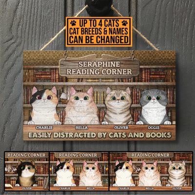 Personalized Cat Breeds Easily Distracted By Cats And Books Rectangle Wooden Door Sign - Front Porch Sign Decor