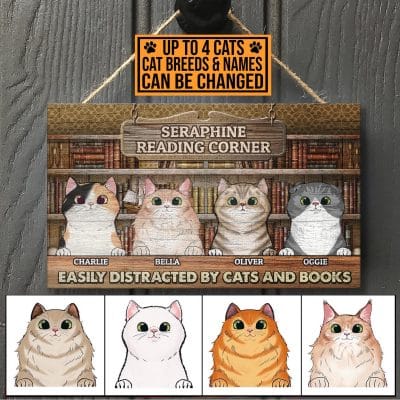 Alternative view of Personalized Cat Breeds Easily Distracted By Cats And Books Rectangle Wooden Door Sign - Front Porch Sign Decor
