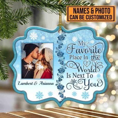 Alternative view of Personalized Couple Photo My Favorite Place Is Next To You Custom Shaped Wooden Christmas Ornament Keepsake