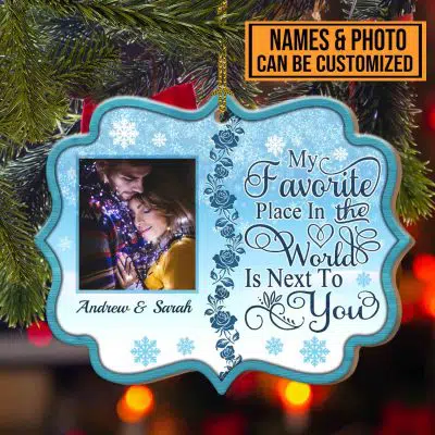 Personalized Couple Photo My Favorite Place Is Next To You Custom Shaped Wooden Christmas Ornament Keepsake