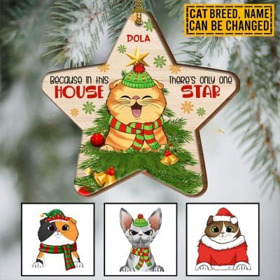 Alternative view of Personalized Cat Breeds Because In This House There's Only One Star Custom Shaped Wooden Christmas Ornament