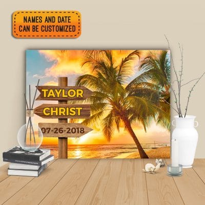 Alternative view of Personalized Sunset Beach Couple's Names And Special Date Wrapped Framed Canvas Prints - Unframed Poster