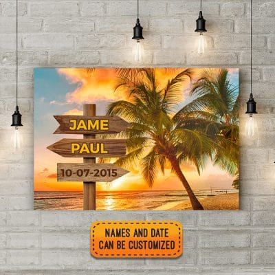 Personalized Sunset Beach Couple's Names And Special Date Wrapped Framed Canvas Prints - Unframed Poster