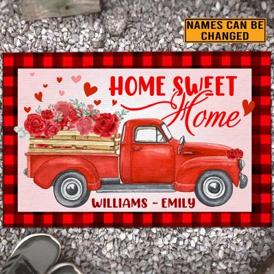 Personalized Home Sweet Home Valentine's Day Red Truck Outdoor Indoor Doormat - Valentine's Day Decoration