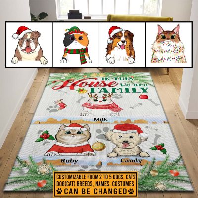 Custom Dog Cat Breeds Christmas Rug In This House We Are Family Funny Decorative Indoor Rectangle Rug - Floor Mat for Decor