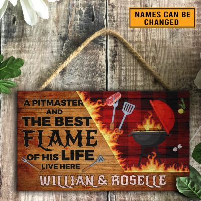 Personalized A Pitmaster And The Best Flame Of His Life Live Here Grilling Couple Rectangle Wooden Door Sign