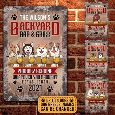 Personalized Dog Breed Backyard Bar And Grill Proudly Serving Metal Sign - Funny Dog Lover Indoor Outdoor Decor