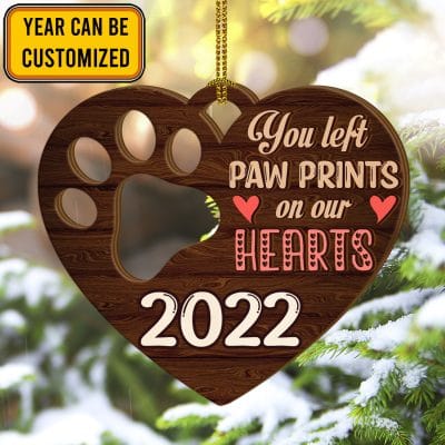 Personalized You Left Paw Prints On Our Hearts Pet Dog Cat Memorial Custom Shaped Wooden Christmas Ornament