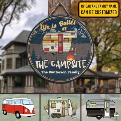 Personalized Camping Life Is Better At The Campsite Circle Wooden Door Sign - Custom Family Name Camping Sign