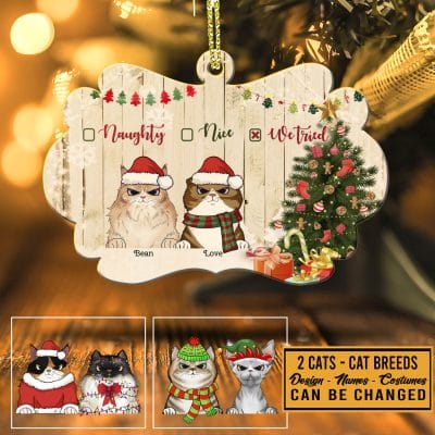 Personalized Naughty Cats On Christmas Day Custom Shaped Wooden Christmas Ornament - Gifts For Cat Lovers