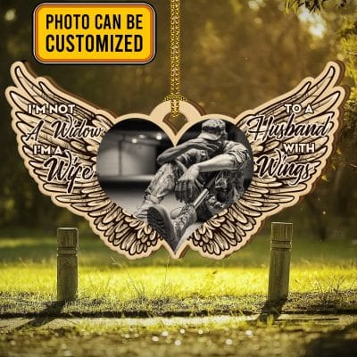 Personalized Not Widow I'm A Wife To Husband With Wings Veteran Memorial Photo Custom Shaped Wooden Ornament