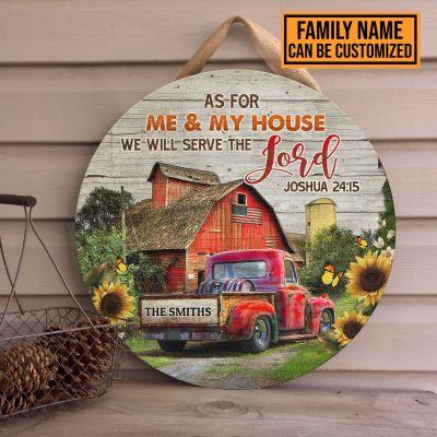 Alternative view of Custom Family Name Sign as For Me and My House We Will Serve the Lord Decorative Circle Wooden Door Sign - Front Porch Sign Decor Farmhouse