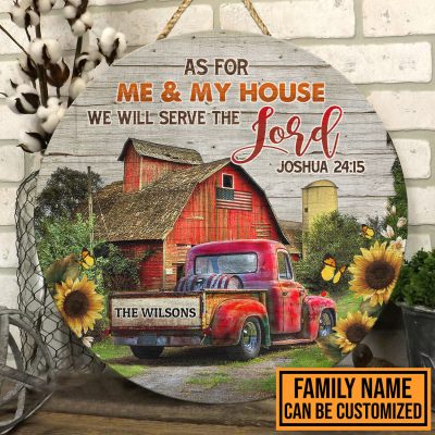 Custom Family Name Sign as For Me and My House We Will Serve the Lord Decorative Circle Wooden Door Sign - Front Porch Sign Decor Farmhouse