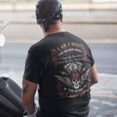 Alternative view of I Am A Biker I Say God Bless America I Respect My Biker Brothers I Salute Our Flag Print On Back T-Shirt Only