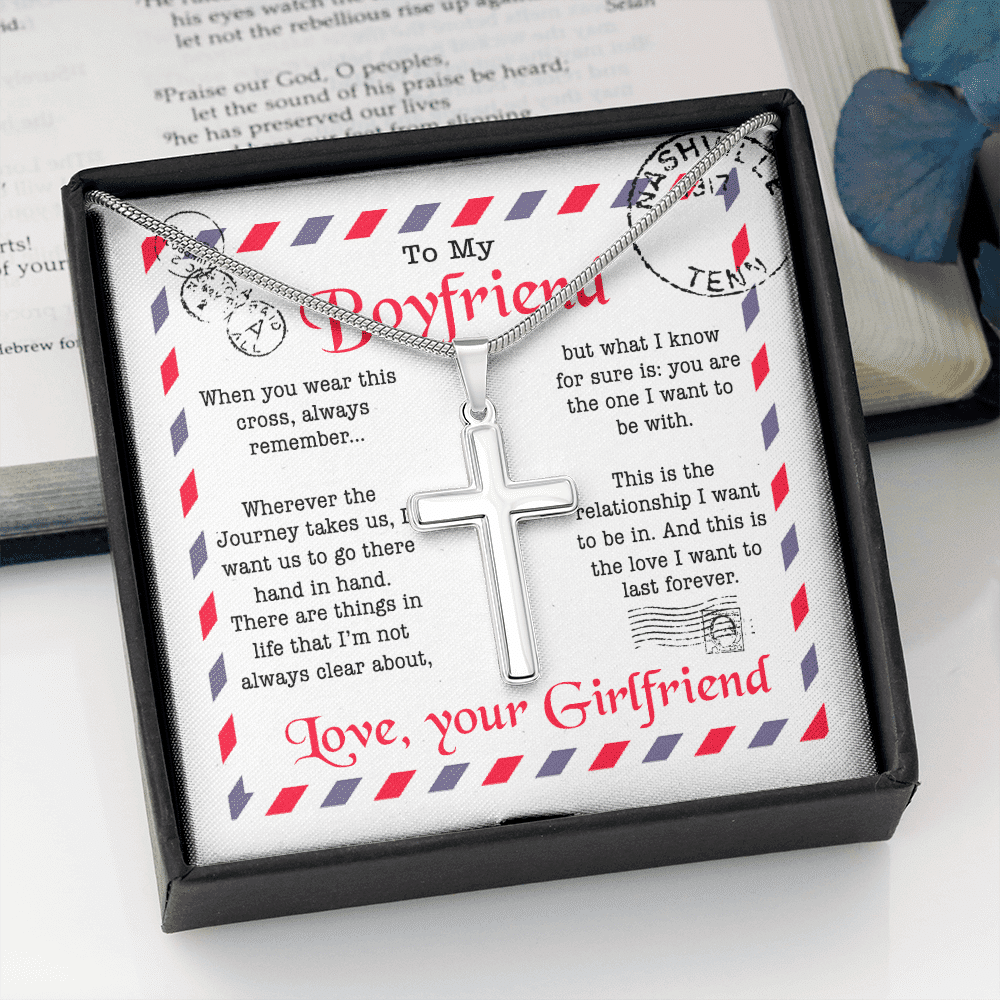 Valentines Gifts for Him To My Boyfriend When You Wear This Cross Always Remember Artisan Crafted Cross Necklace