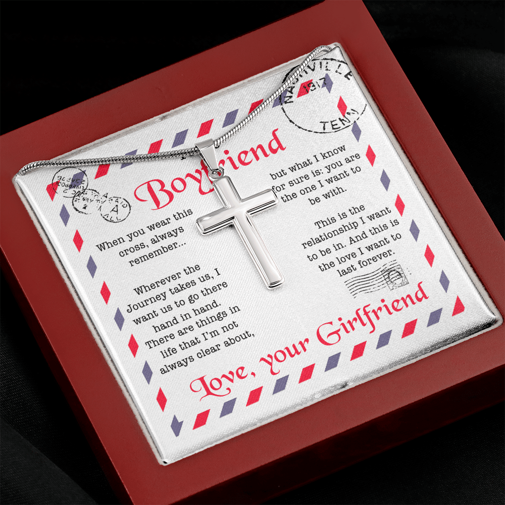 Valentines Gifts for Him To My Boyfriend When You Wear This Cross Always Remember Artisan Crafted Cross Necklace