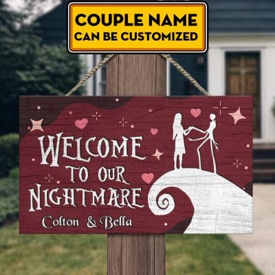 Alternative view of Personalized Jack And Sally Welcome To Our Nightmare Wooden Door Sign - Front Porch Sign Indoor Outdoor Decor