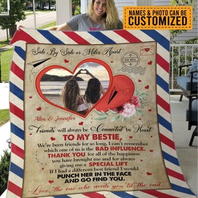 Custom Photo Airmail Letter To My Bestie Side By Side Or Miles Apart Fleece Blanket - Personalized Best Friend Blanket
