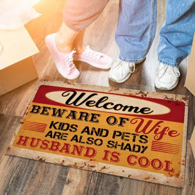 Funny Welcome Beware Of Wife Husband Is Cool Doormat - Funny Husband Wife Welcome Mat