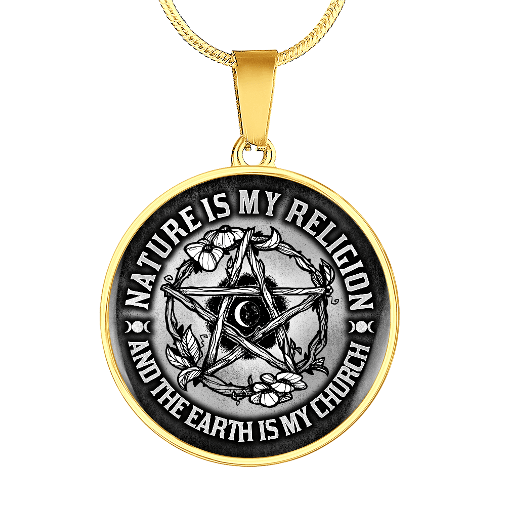 Nature Is My Religion And The Earth Is My Church Witch Wiccan Pentacle Luxury Circle Pendant Necklace - Bangle - Circle Luxury Necklace (Gold Plated)