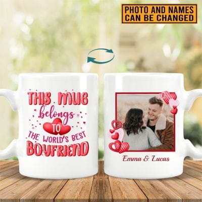 Alternative view of Custom Photo Valentines Gifts This Mug Belongs To The World's Best Boyfriend Two Sided Ceramic Coffee Mug - Beer Stein - Water Bottle