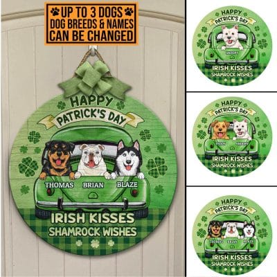 Personalized Dog Breeds Happy Patrick's Day Irish Kisses Shamrock Wishes Wooden Door Sign - Front Porch Sign