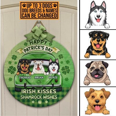 Alternative view of Personalized Dog Breeds Happy Patrick's Day Irish Kisses Shamrock Wishes Wooden Door Sign - Front Porch Sign