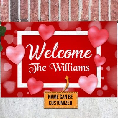 Family Name Gifts for Home Decor Personalized Welcome Heart Valentines Gifts Entrance Indoor Outdoor Decorative Doormat