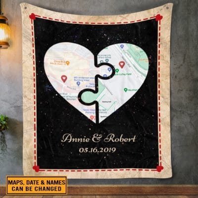 Alternative view of Personalized Half And Half Heart Map Art Fleece Blanket - Personalized Anniversary Mink Sherpa Blanket
