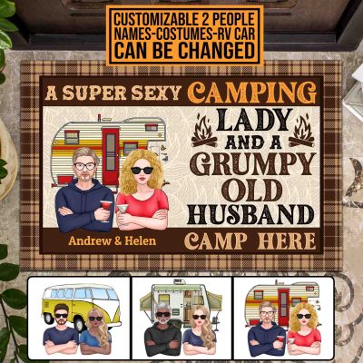 Personalized Couple A Super Sexy Camping Lady And A Grumpy Old Man Camp Here House Doormat - Outdoor Doormat