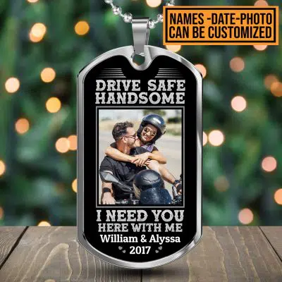 Alternative view of Custom Photo Drive Safe Handsome I Need You Here With Me Personalized Photo Couple Dog Tag Pendant Necklace