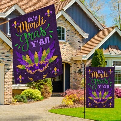 Alternative view of It's Mardi Gras Y'all Masquerade Mask Holiday Party Garden Flag - Fleur De Lis Mardi Gras House Flag