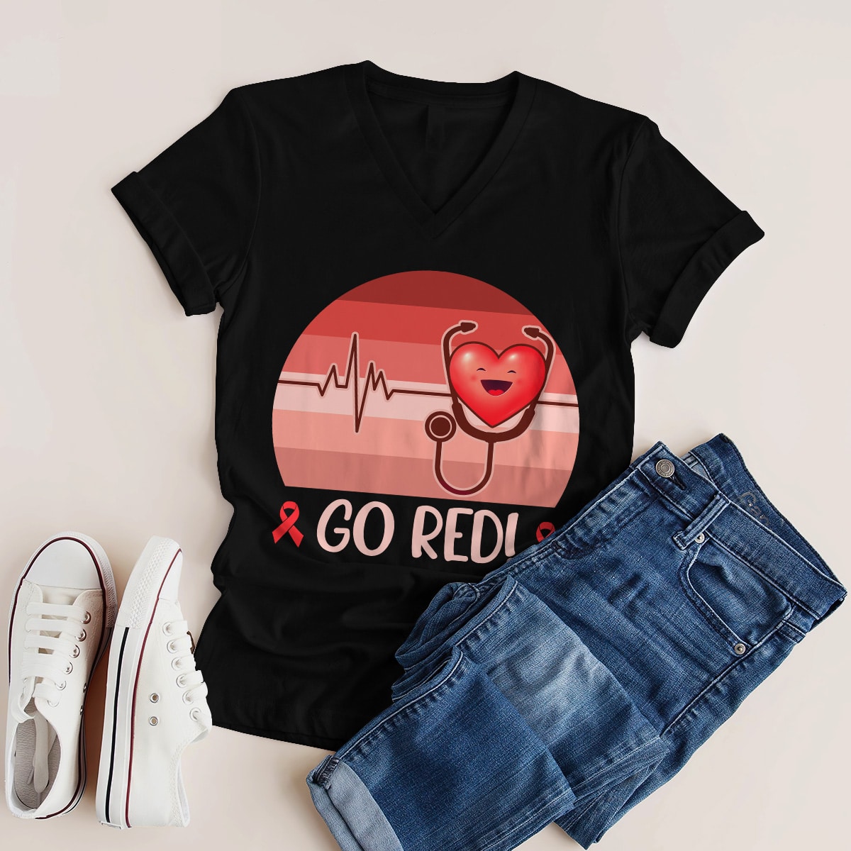 2O. Go Red-4. 2D V-neck Tshirt Flatlay (1)