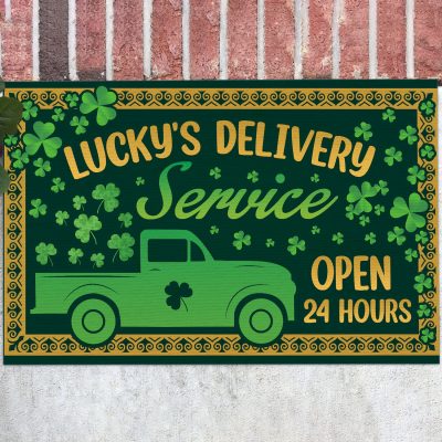 Lucky's Delivery Service Open 24 Hours Shamrock Truck St. Patrick's Day Holiday Outdoor Indoor Doormat