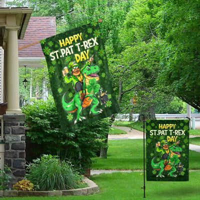Alternative view of Happy St Pat T-rex Day Leprechaun Dino St. Patrick's Day Outdoor Indoor Garden Flag - House Flag - Wall Flag