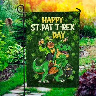 Happy St Pat T-rex Day Leprechaun Dino St. Patrick's Day Outdoor Indoor Garden Flag - House Flag - Wall Flag
