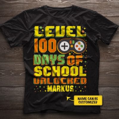Personalized Level 100 Days Of School Unlocked Funny Video Gamer Student T-Shirt Funny Kids Shirt