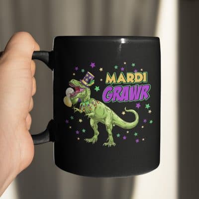 Mardi Grawr T Rex Dinosaur Mardi Gras Ceramic Coffee Mug - Water Bottle Beer Stein
