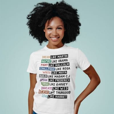 Alternative view of Dream Like Martin Inspire Like Obama Fight Like Malcolm Challenge Like Rosa Write Like Maya T-Shirt