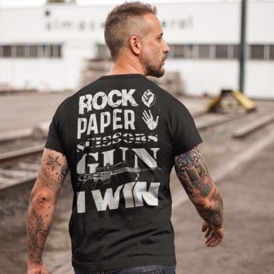 Alternative view of Rock Paper Scissors Gun I Win Funny Gun Print On Back T-Shirt Only - Gun Lover Plain Front Shirt