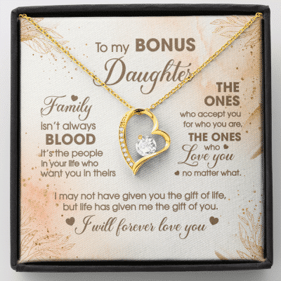 To My Bonus Daughter Family Isn't Always Good Forever Love Heart Pendant Necklace - Stepdaughter Gifts - Forever Love Necklace (18K Yellow Gold)