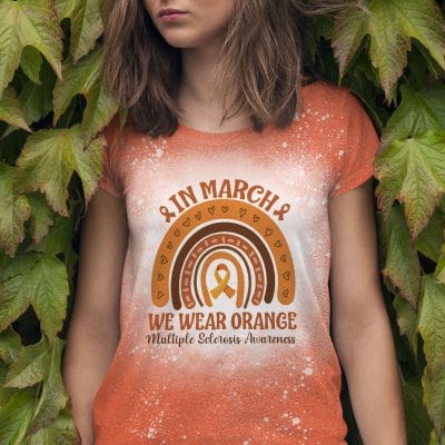 In March We Wear Orange Sublimation Bleached T-shirt - Multiple Sclerosis Awareness Shirt