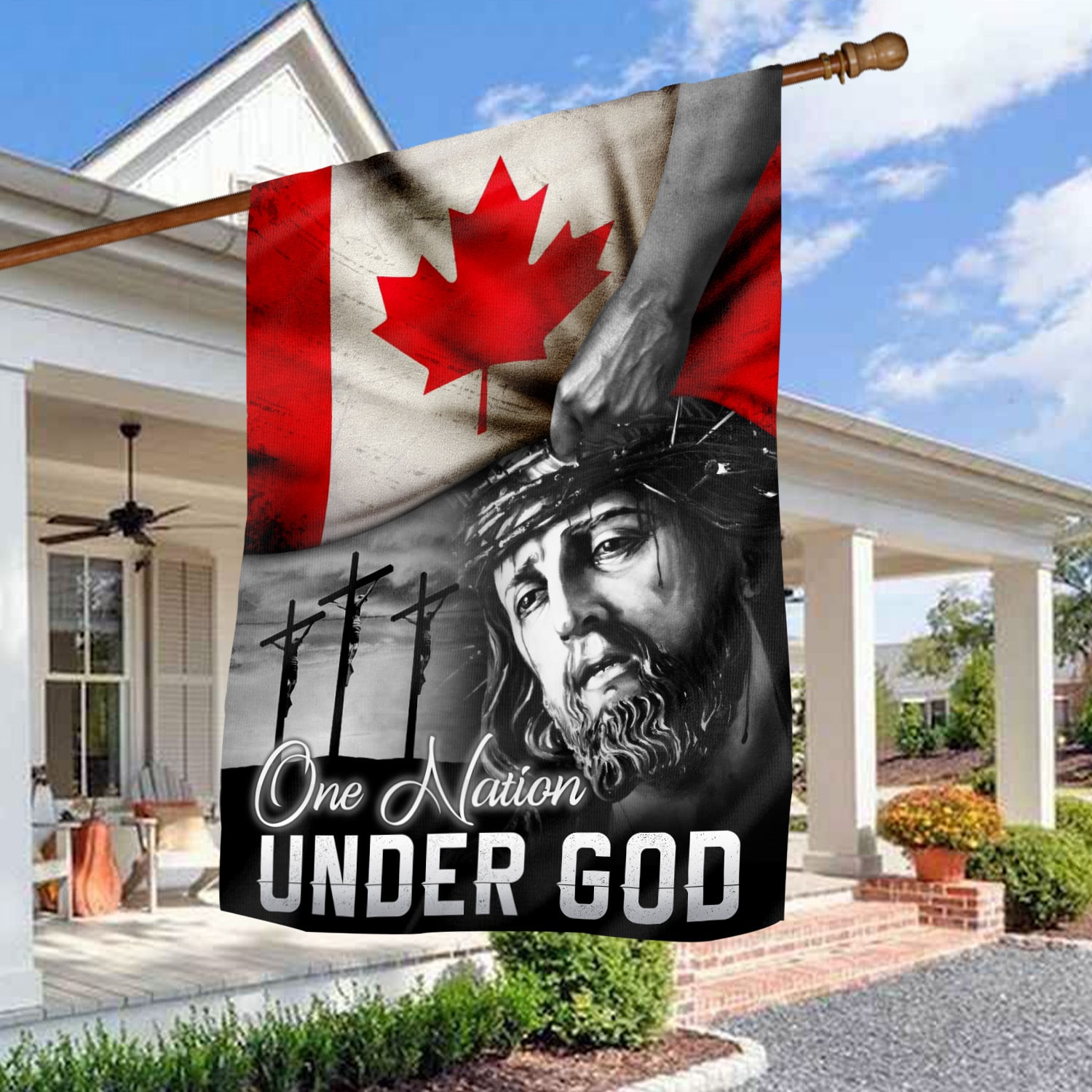 house 3O. Under God (30x40) House Flag Mockup 3