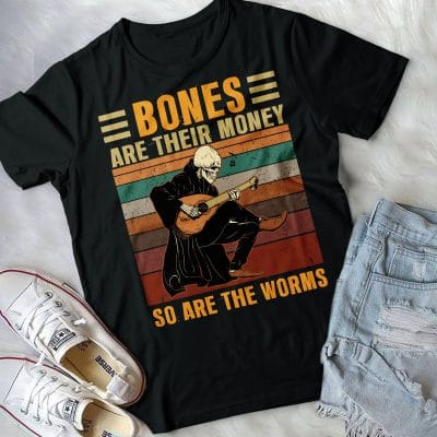 Bones Are Their Money So Are The Worms Funny Skeleton Playing Guitar Vintage T-Shirt