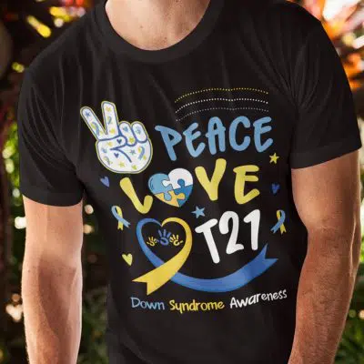Alternative view of Peace Love T21 Down Syndrome Awareness T-Shirt - V-Neck Shirt - Down Syndrome Awareness Ribbon