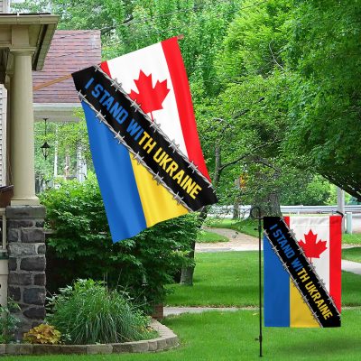 Alternative view of I Stand With Ukraine Canada Outdoor House Flag - No War In Ukraine Home Garden Flag