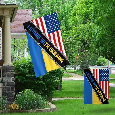 Alternative view of I Stand With Ukraine American Outdoor House Flag - No War In Ukraine Home Garden Flag