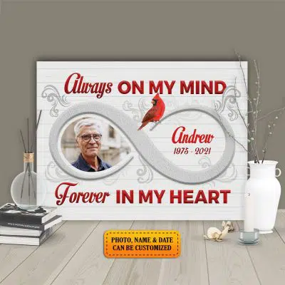 Personalized Photo Sympathy Gifts Always On My Mind Forever In My Heart Cardinal Gallery Wrapped Canvas Print - Home Decor Wall Art