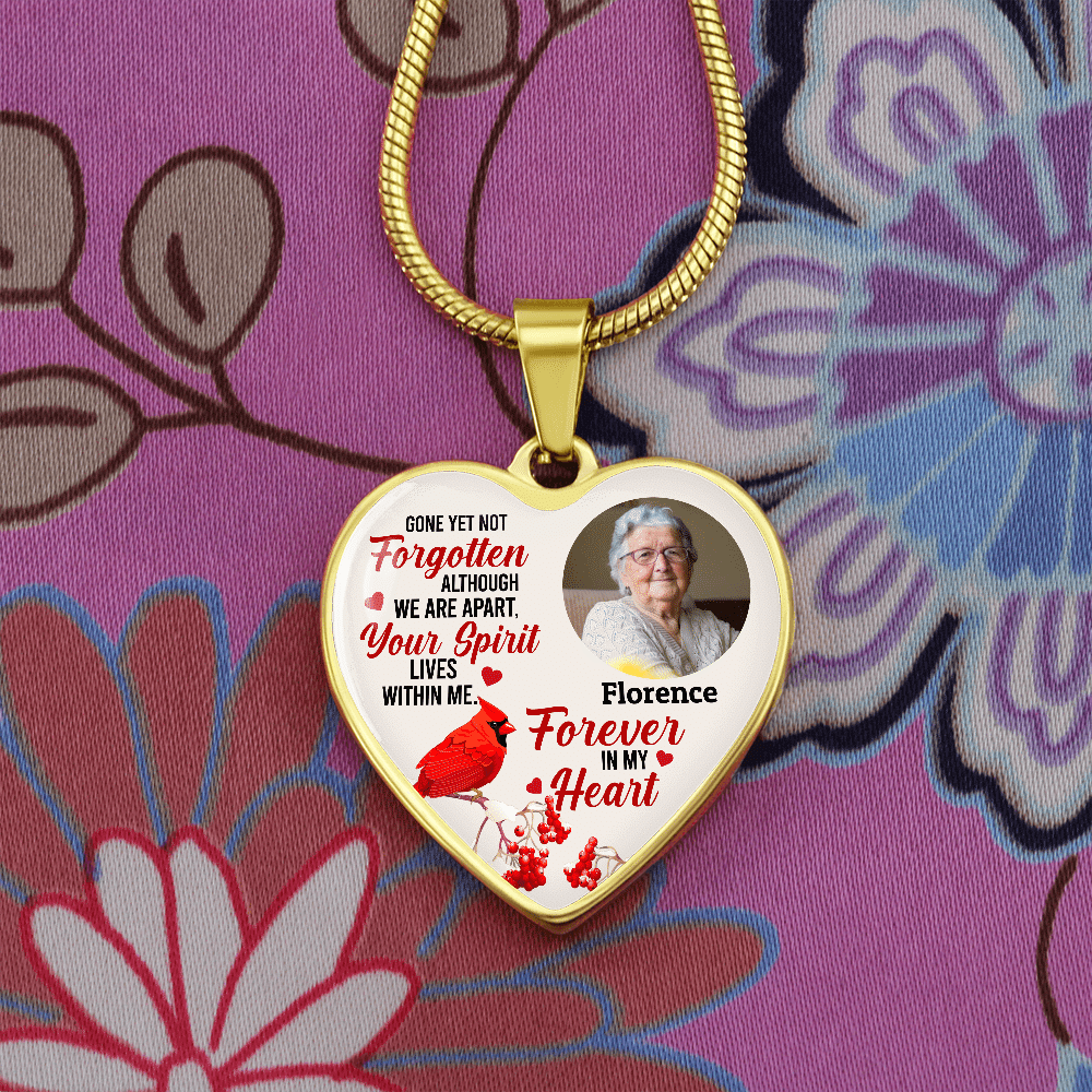 Custom Photo Gone Yet Not Forgotten Cardinal Memorial Heart Pendant Necklace - Bangle - Personalized Memorial Gifts